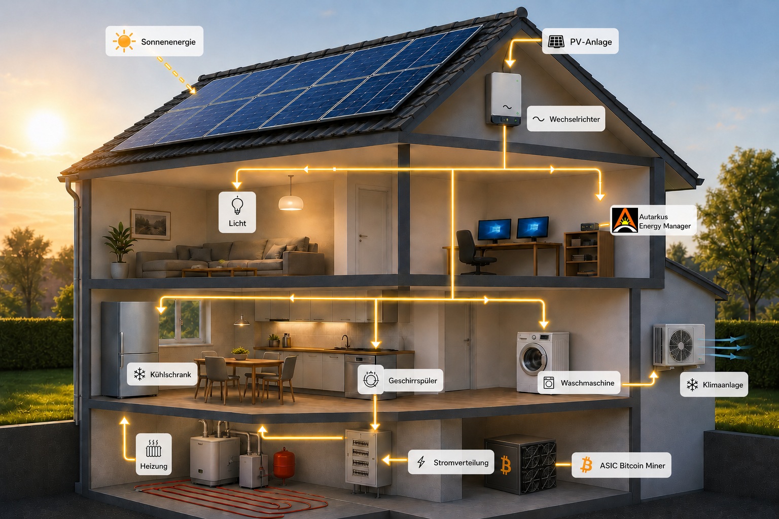 Hausquerschnitt mit PV-Anlage, Wechselrichter und typischen Verbrauchern