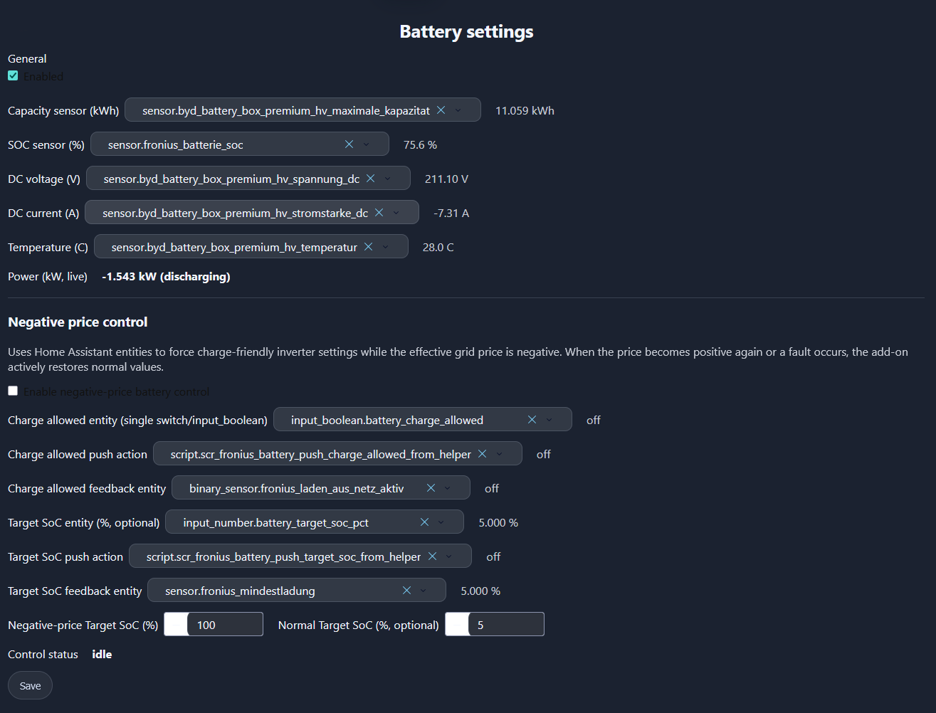 Batterieeinstellungen des Home-Assistant-PV-Mining-Addons