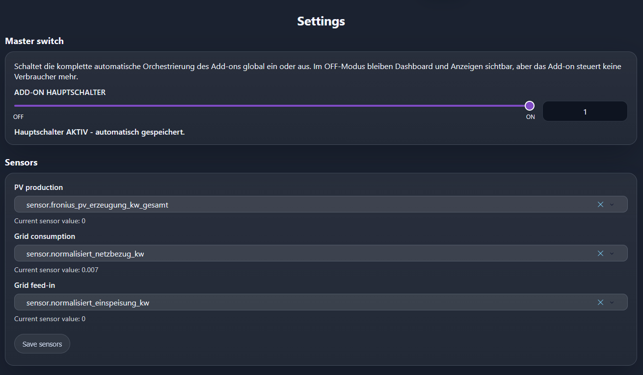 Einstellungsseite des Home-Assistant-PV-Mining-Addons