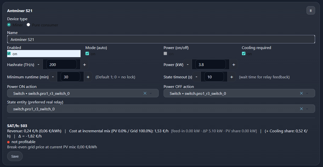 Konfigurationsansicht für einen Antminer S21 in Home Assistant