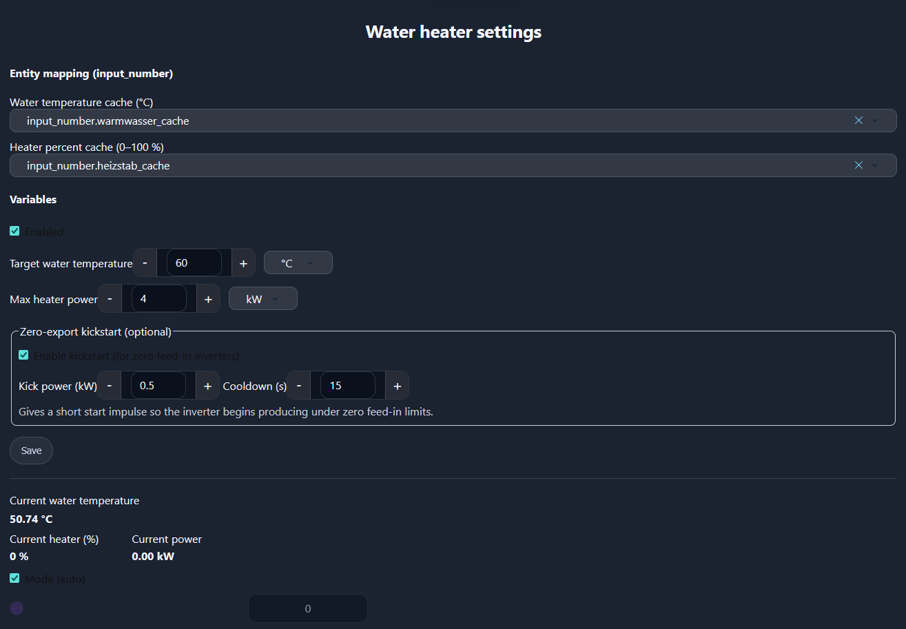 Warmwassereinstellungen im Home-Assistant-PV-Mining-Addon